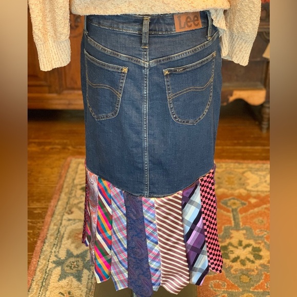Lee Denim Skirt Jeans Ties Upcycled Repurposed Altered Clothes Hippie OOAK NEW - Picture 3 of 6